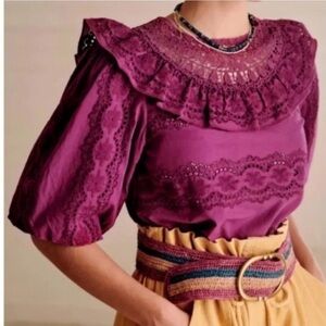 Sezane Elsa Blouse Top Puff Balloon Sleeve Purple Violet Size 8 US 40 EU NWOT